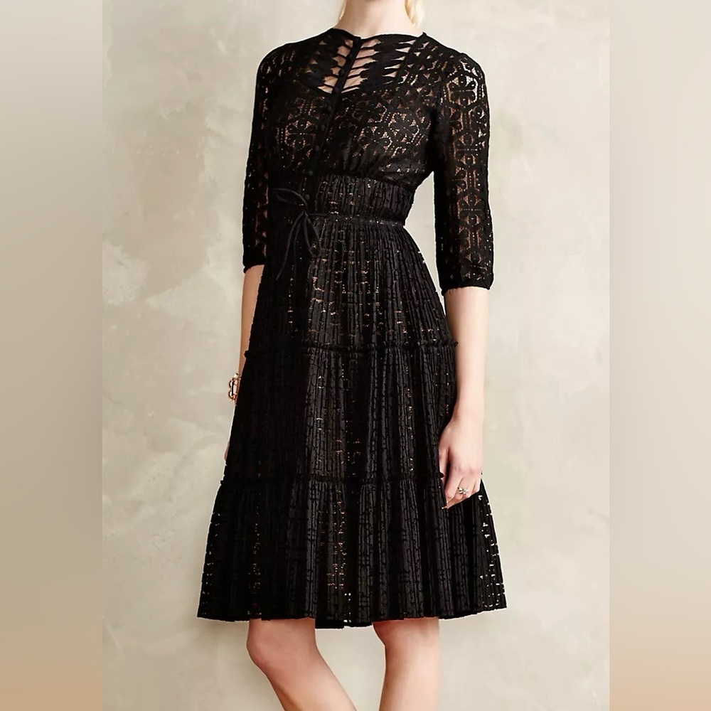 Anthropologie Beguile by Byron Lars Prairie Dusk Black Lace Button Front Dress 2